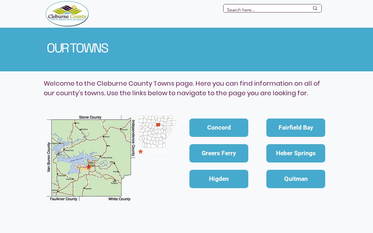 Cleburne County towns page listing Greers Ferry among county municipalities