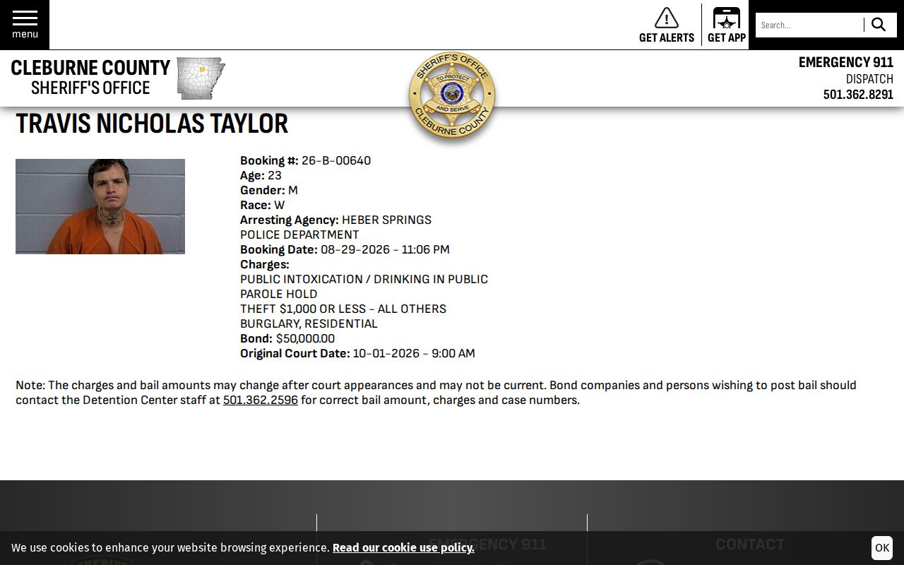 Cleburne County arrest roster profile and booking record fields
