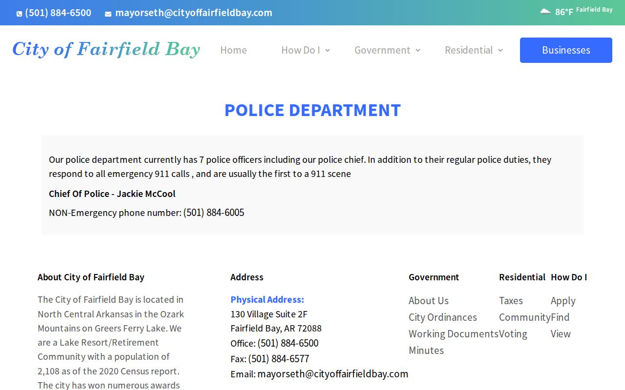 Official Fairfield Bay Police Department page with city police contact information
