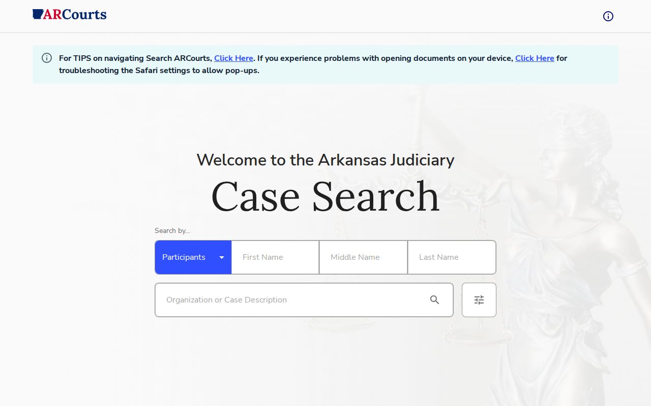 Arkansas CourtConnect public case search controls for following a Greers Ferry arrest case