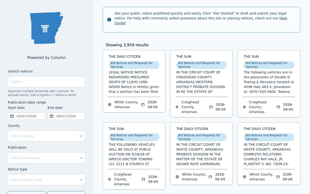 Arkansas Press Association search interface used to identify Cleburne County publication sources