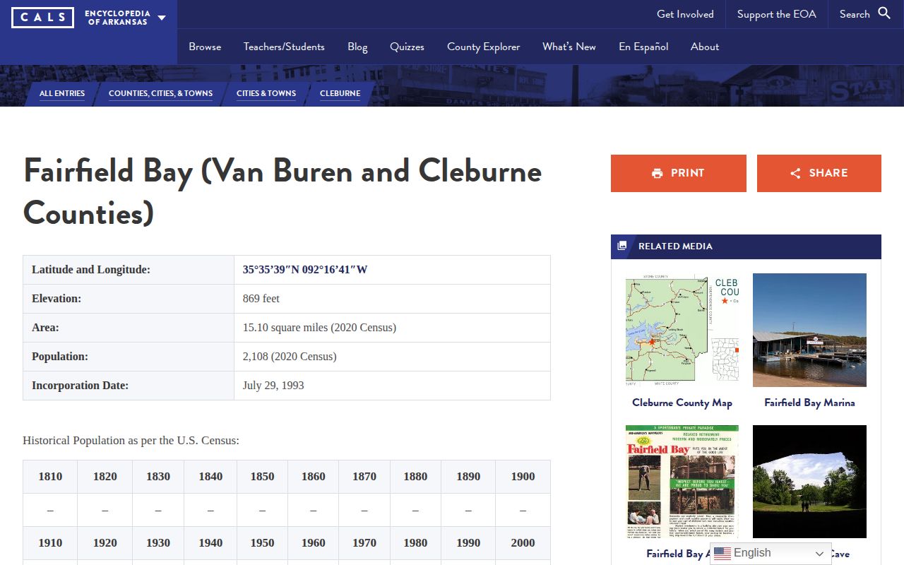 Encyclopedia of Arkansas Fairfield Bay entry showing Cleburne and Van Buren County context